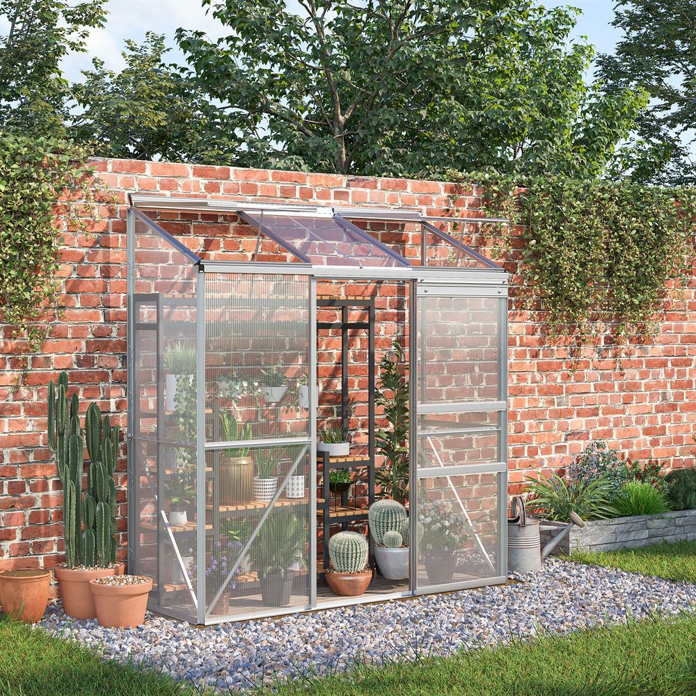 Serre adossée en aluminium et polycarbonate 192 x 68 x 196 cm argent avec porte coulissante - comfortxl outdoor living