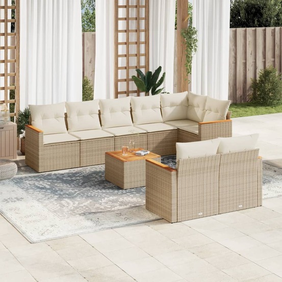Salon de jardin avec coussins 9 pcs beige résine tressée