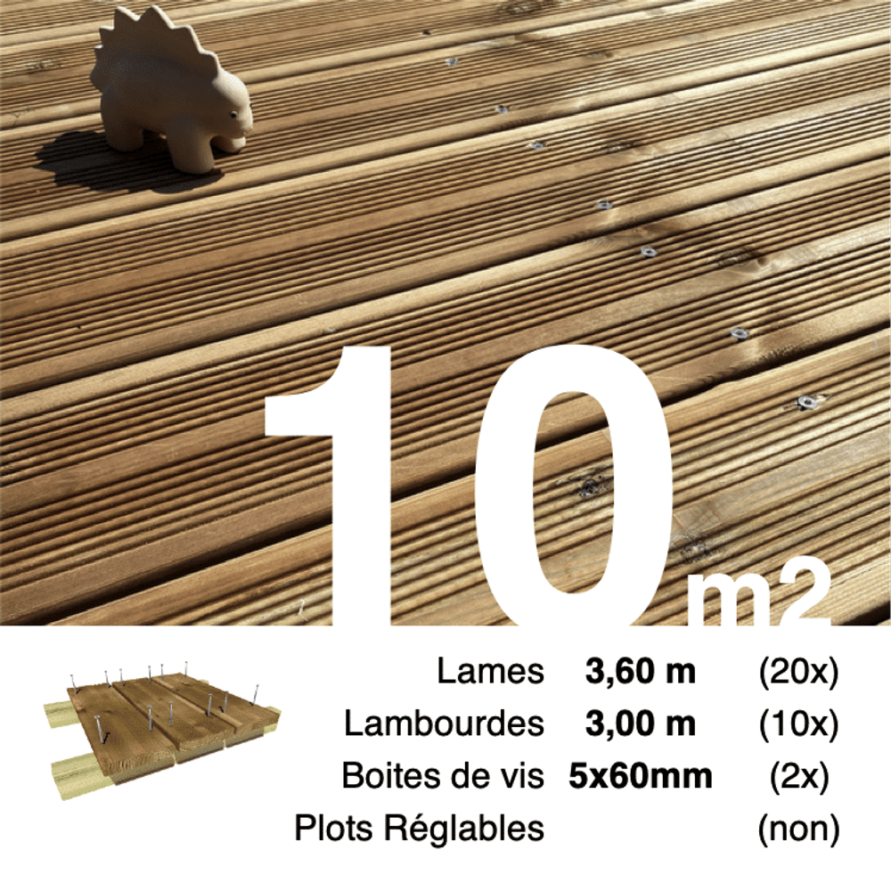 Kit terrasse pin autoclave marron pour 10 m², lames 3,6 m, lambourdes 3 m et visserie inox.