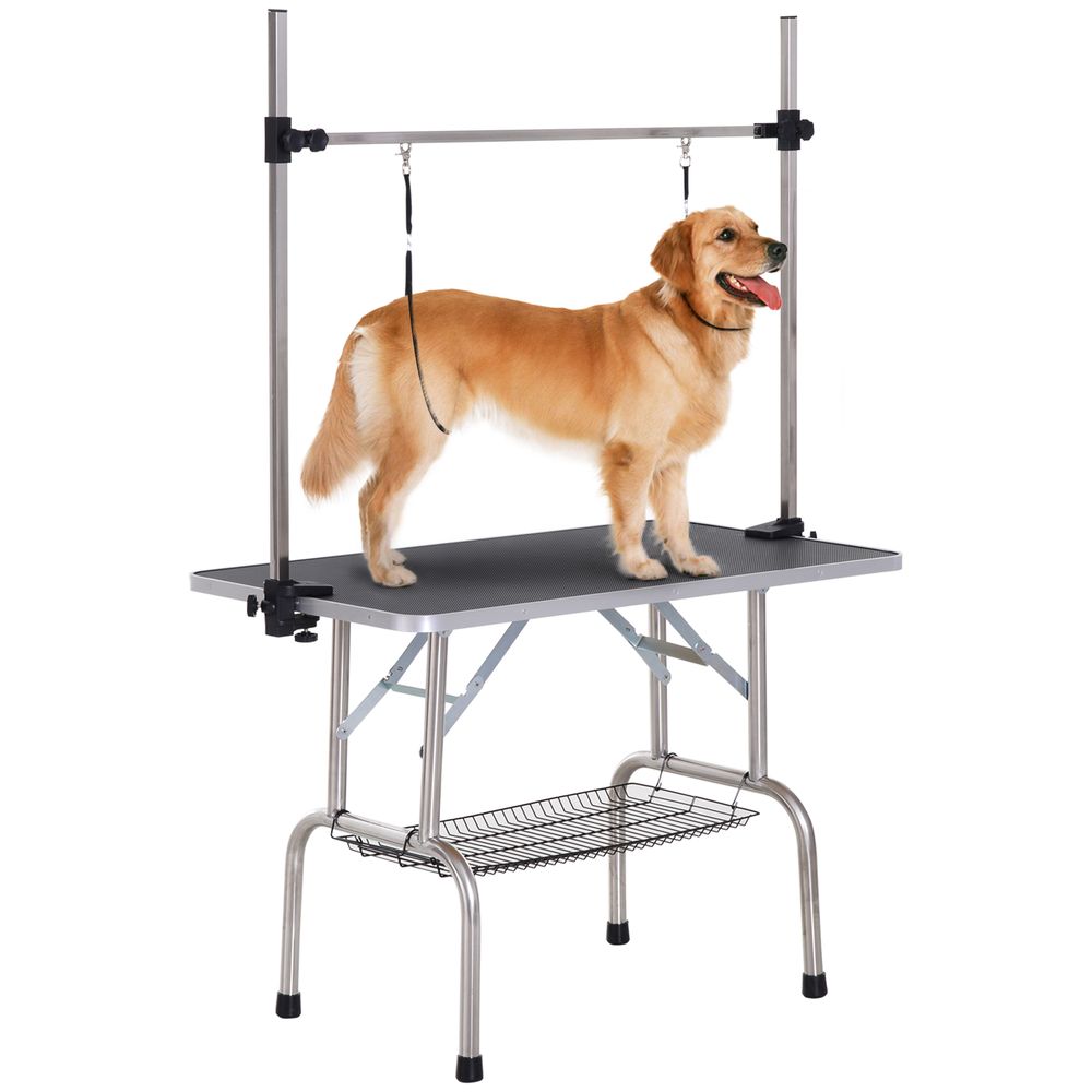 Table de toilettage chien acier noir 107x60x170 cm pliable réglable avec 2 sangles et étagère - comfortxl outdoor living