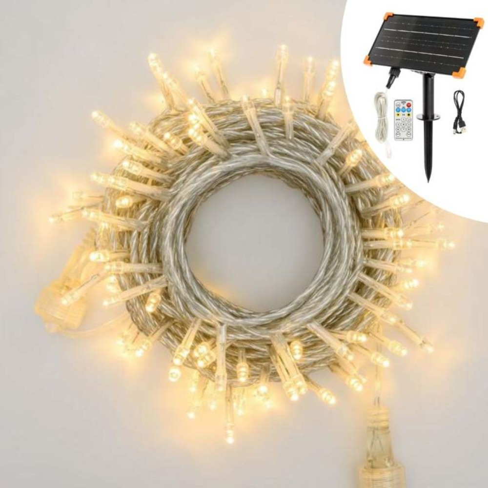 Guirlande lumineuse solaire 20m 200 led blanc chaud câble transparent smart connect lotti