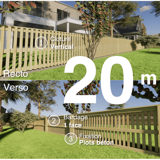 Kit clôture bois moderne 20m – h 0,9m – 45 x 45 mm autoclave – pose vertical – simple face – à sceller