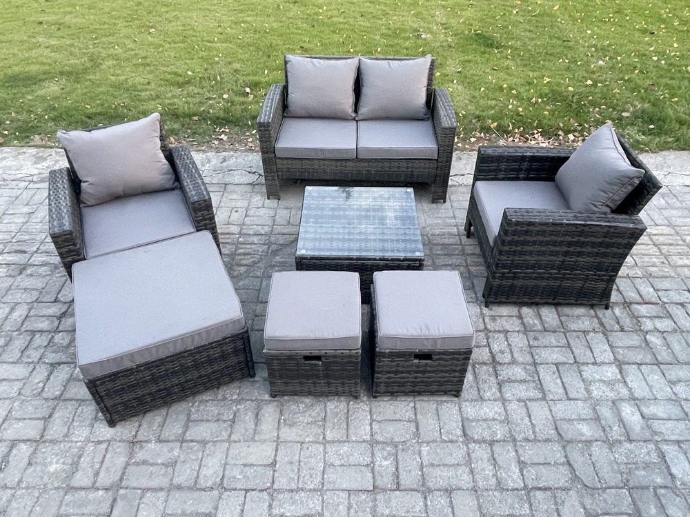 Ensemble de meubles de jardin en rotin ave table basse carrée chaise canapé 2 places 3 tabouret