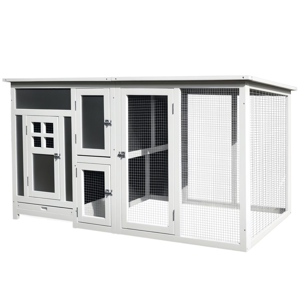 Poulailler poules bois extérieur jardin toit isolé tiroir 160x75x80cm gris blanc