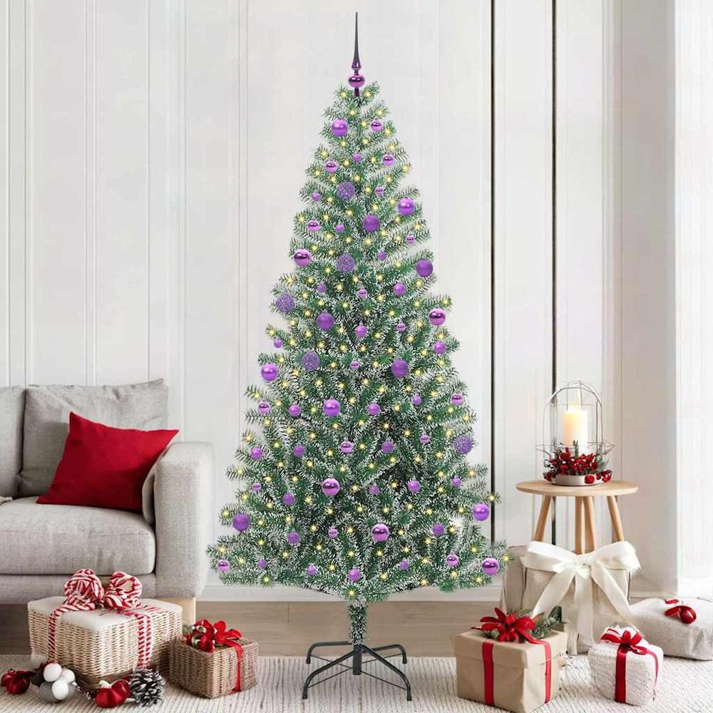 Sapin de noël floqué et lumineux 2.1m, kit décoration complet 120 pièces