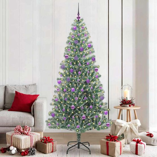 Sapin de noël floqué et lumineux 2.1m, kit décoration complet 120 pièces