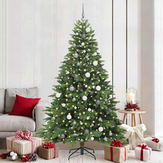 Sapin de noël artificiel réaliste 210 cm, décoré avec 120 boules et 300 led