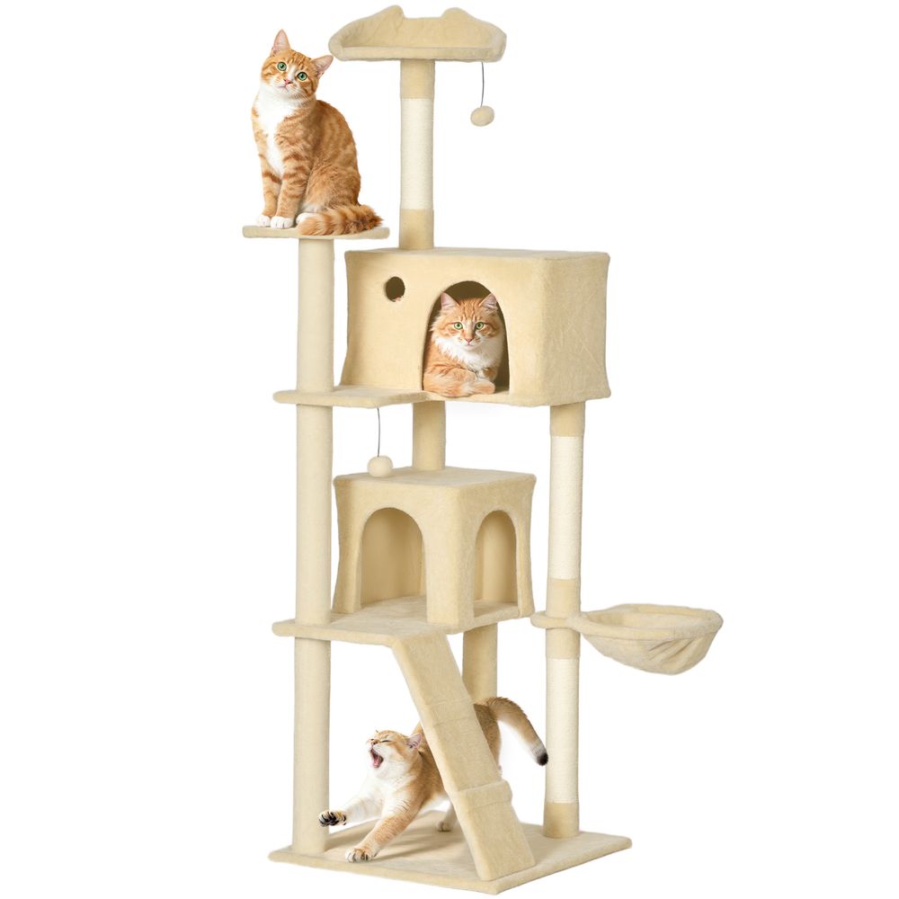 Grand arbre à chat xxl en peluche avec niches hamac et plateformes 180 cm beige