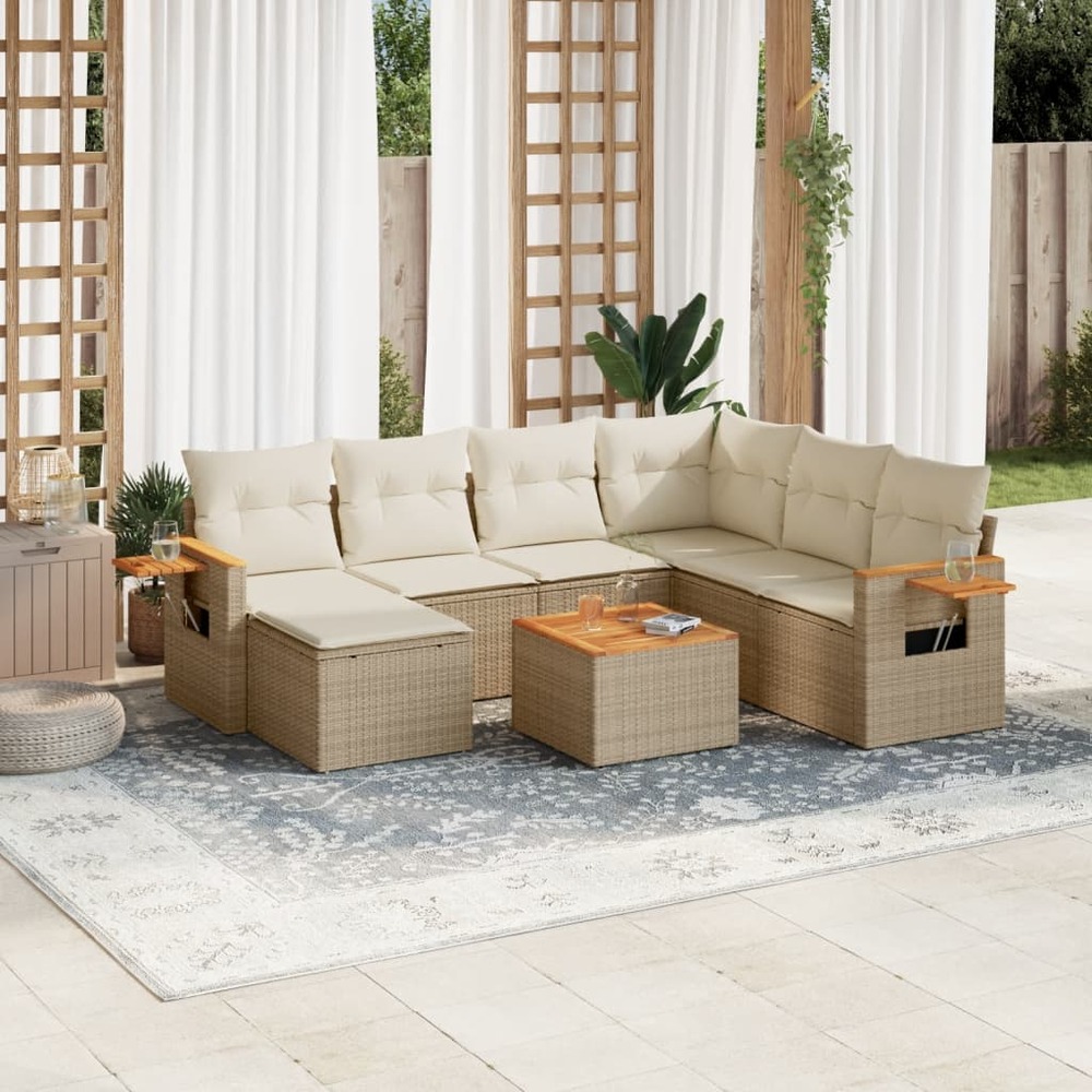 Salon de jardin avec coussins 8 pcs beige résine tressée