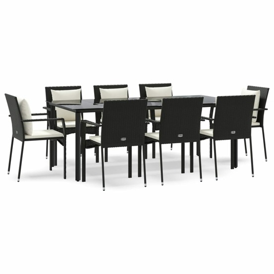 Ensemble à manger jardin 9pcs et coussins noir résine tressée
