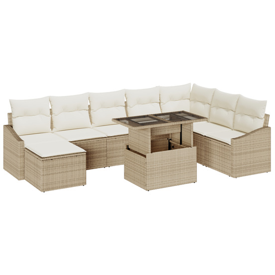 Ensemble de canapés de jardin 9 pièces avec coussins beige poly rattan