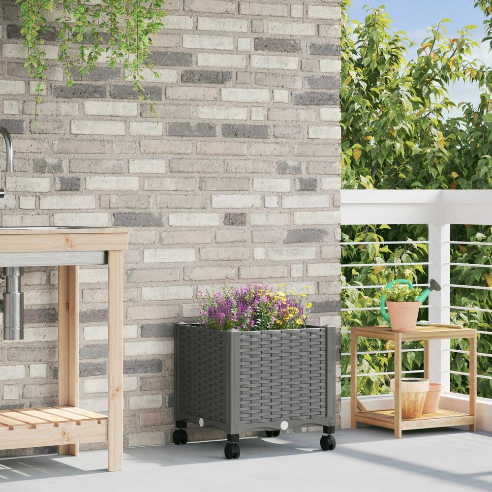 Bac fleur carré surélevé roulettes extérieur terrasse 40x40x48cm gris clair