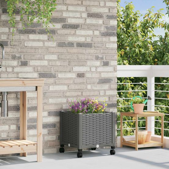 Bac fleur carré surélevé roulettes extérieur terrasse 40x40x48cm gris clair