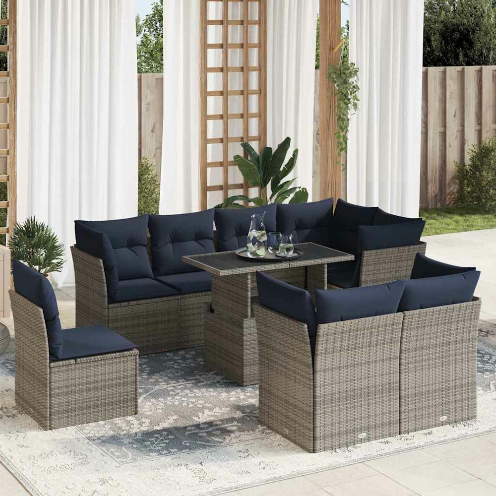 Salon de jardin avec coussins 9 pcs gris résine tressée acacia