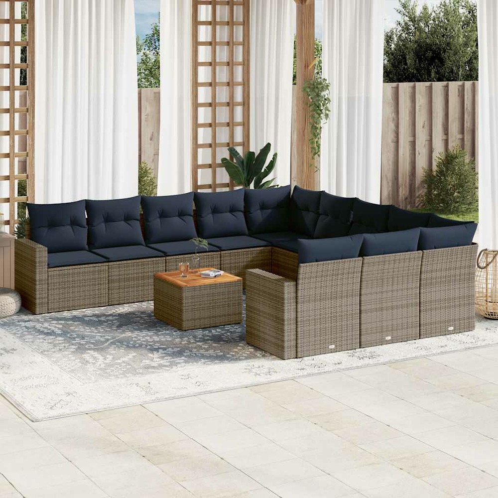 Salon de jardin avec coussins 12 pcs gris résine tressée