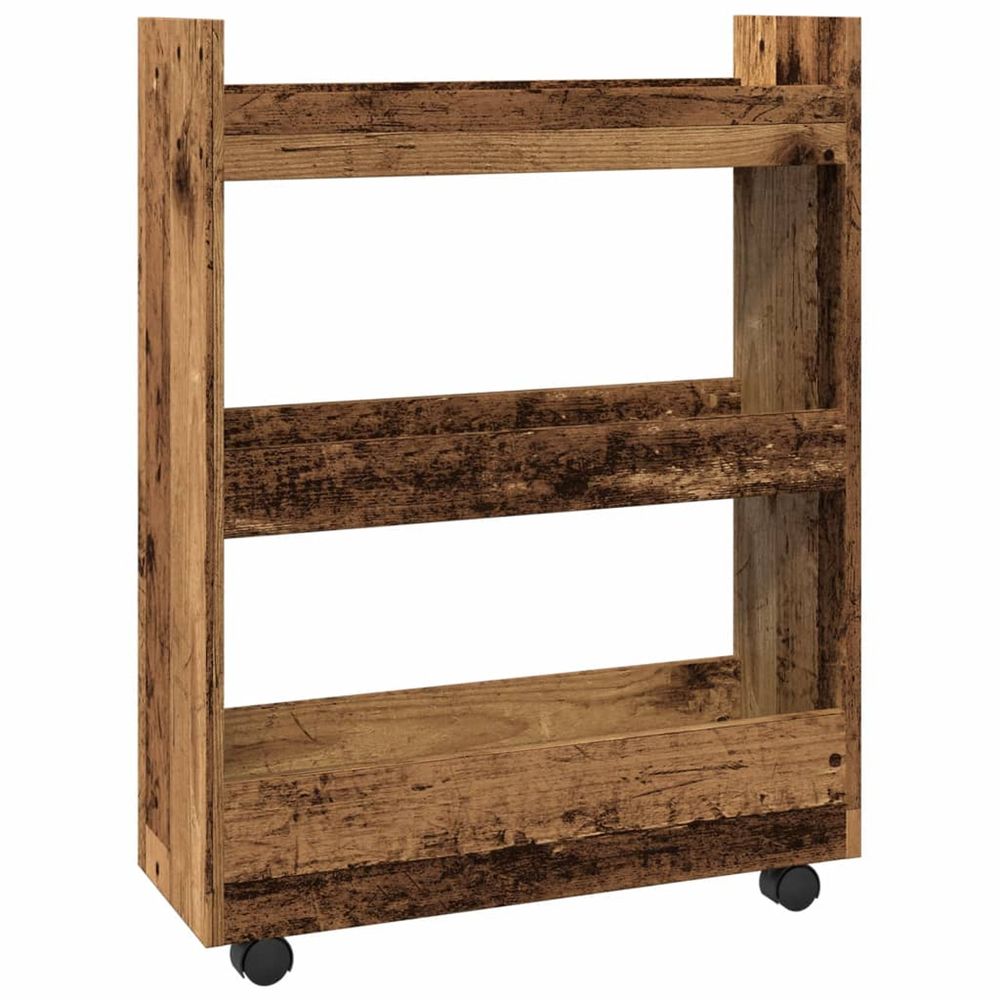 Chariot de rangement étroit 3 niveaux vieux bois