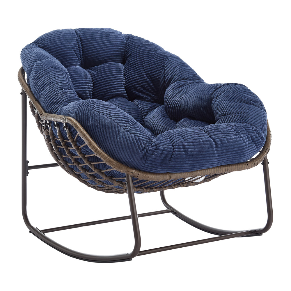 Fauteuil à bascule en rotin, capitonné, pour jardin et terrasse, acier, bleu marine