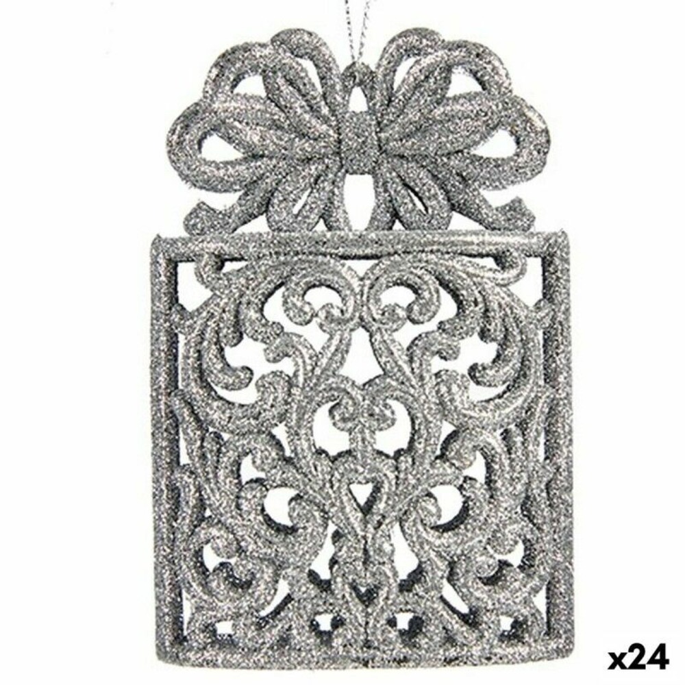 Décorations de noël boîte cadeau argenté plastique paillettes 7,5 x 11,5 x 4 cm (24 unités)