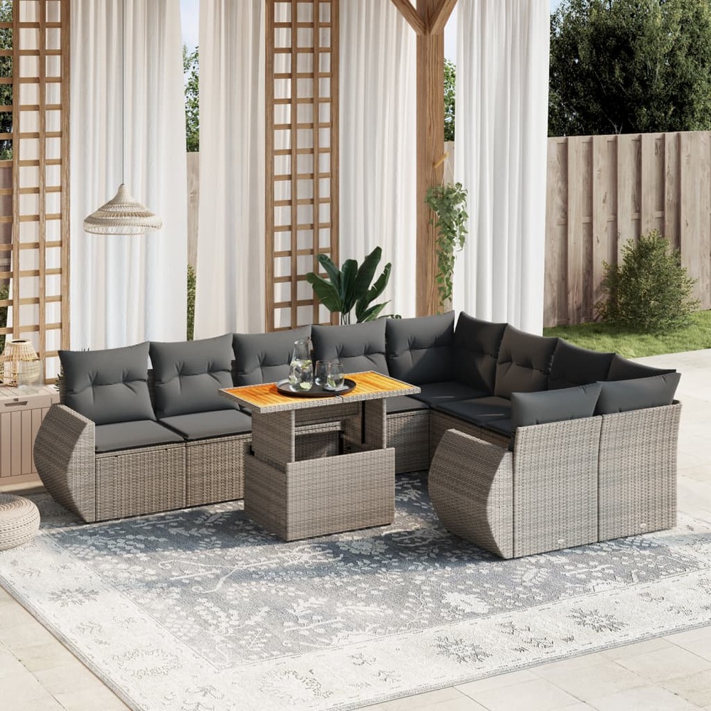 Salon de jardin avec coussins 10 pcs gris résine tressée
