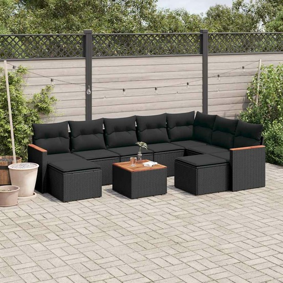 Salon de jardin 10 pcs avec coussins noir résine tressée