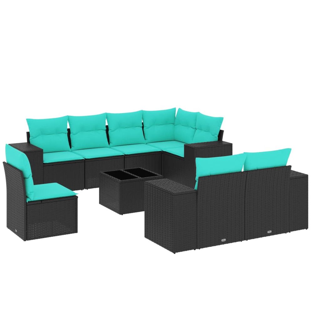 Ensemble de canapé de jardin 9 pcs avec coussins noir résine tressée