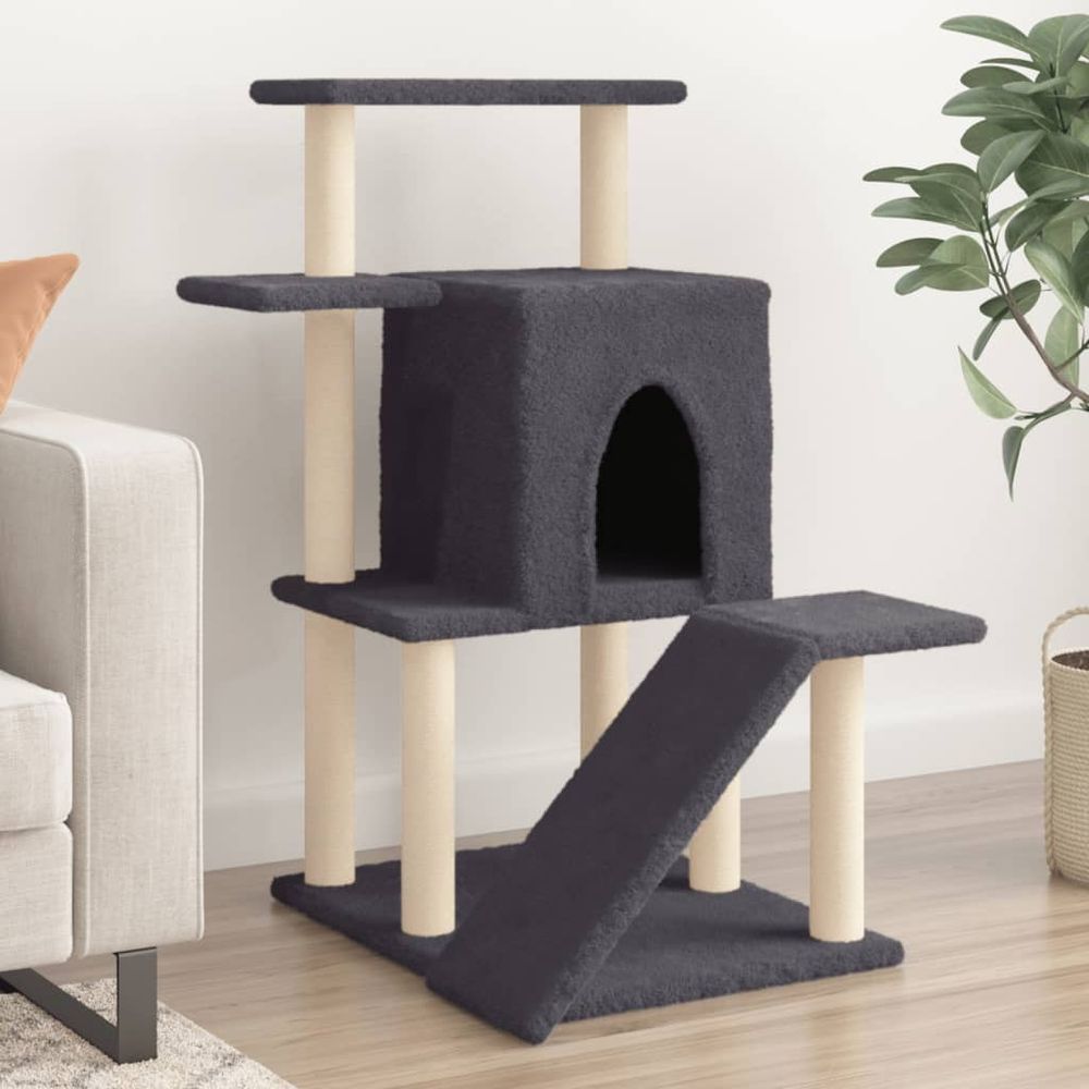 Arbre à chat multi-niveaux en sisal avec niche et échelle gris foncé 97 cm