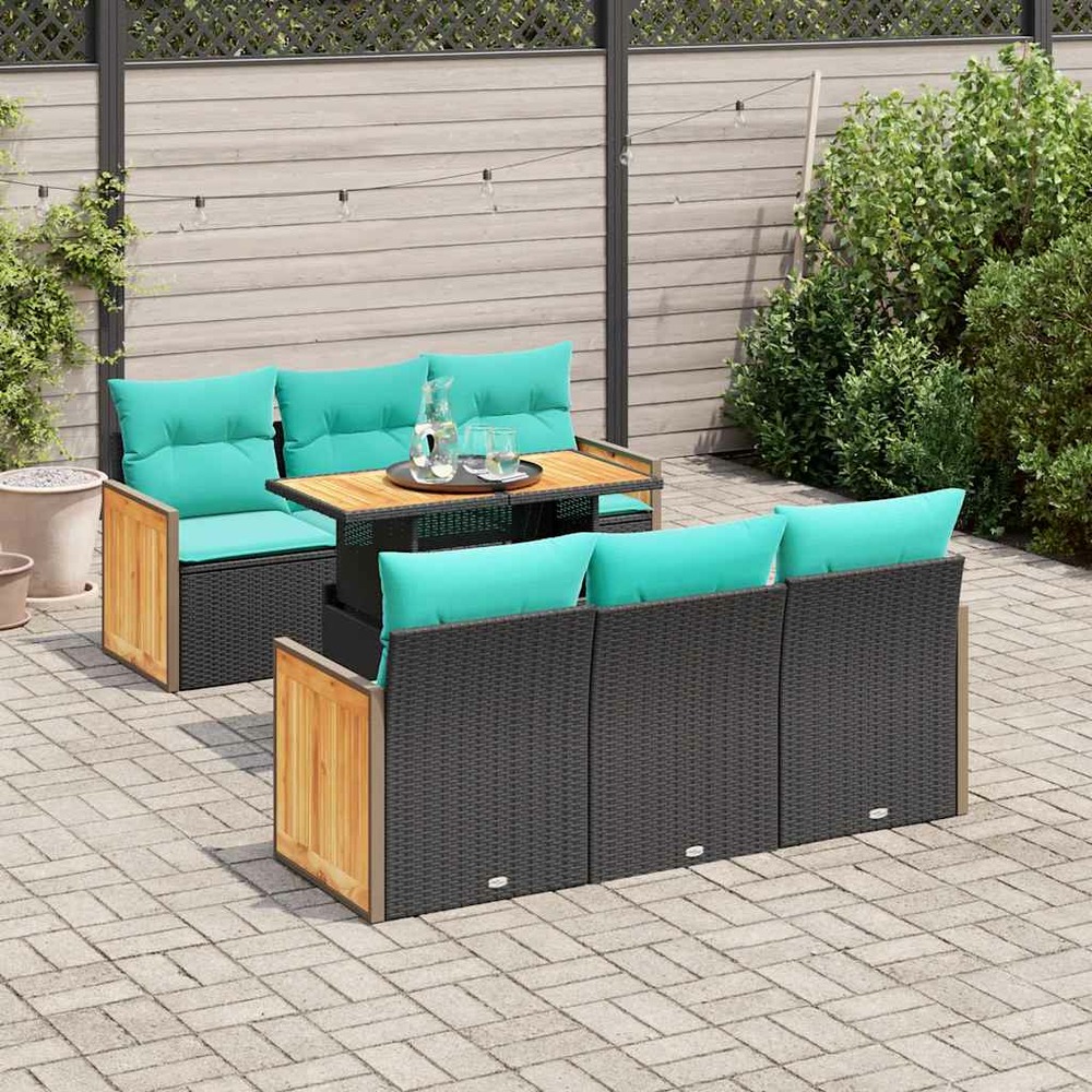 Salon de jardin avec coussins 7 pcs noir résine tressée acacia