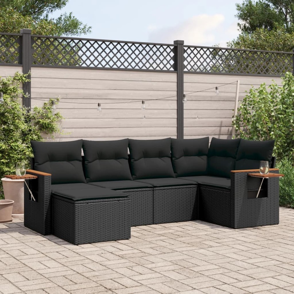 Salon de jardin 6 pcs avec coussins noir résine tressée
