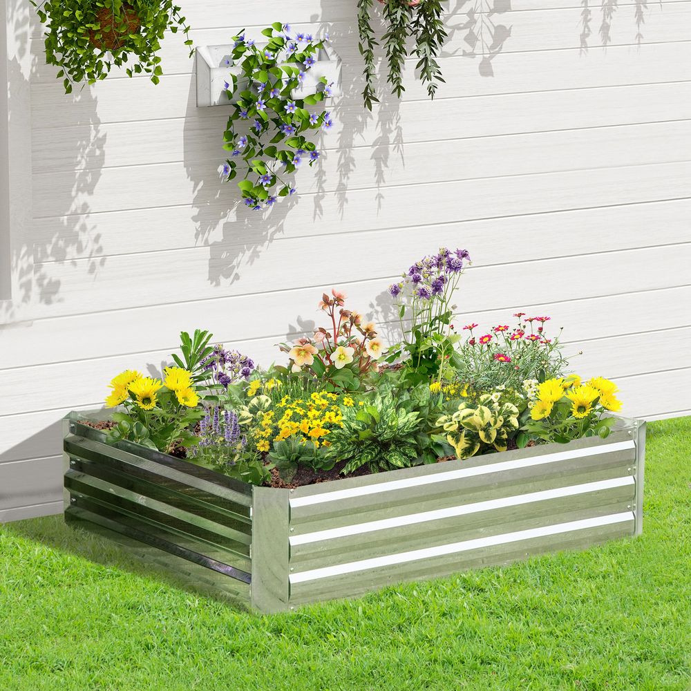 Carré potager acier galvanisé extérieur fleurs 120x90x30cm argent