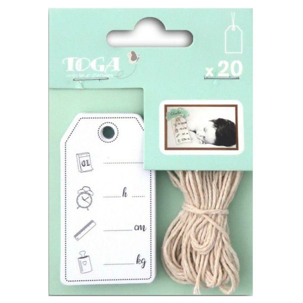 20 étiquettes pictogramme naissance + ficelle
