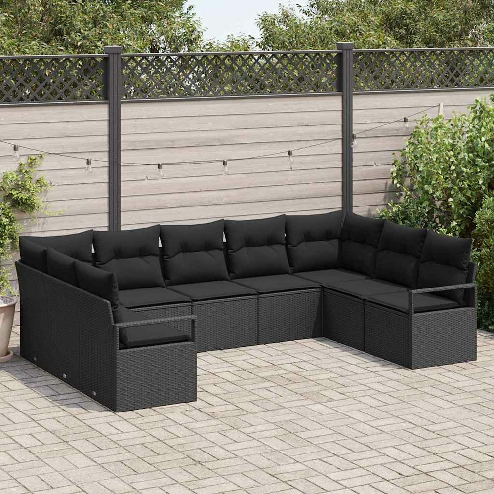 Ensemble de canapés avec coussin 9 pcs noir polyrotin