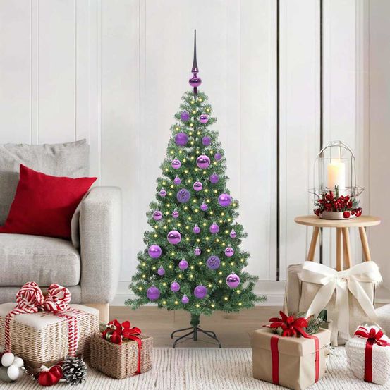 Sapin artificiel vert 120 cm facile à monter, pack complet avec lumières et décos