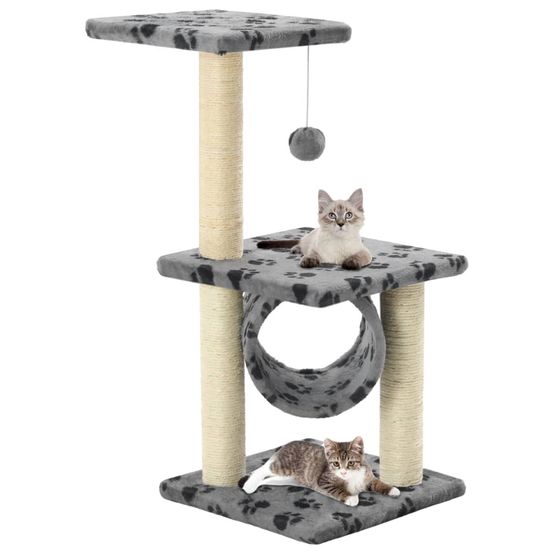 Arbre à chat 65 cm sisal plateformes et jouet pour chat gris motif pattes