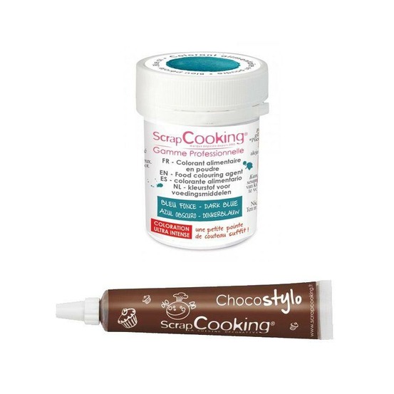 Stylo chocolat + colorant alimentaire en poudre bleu foncé