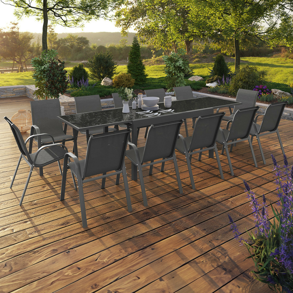 Salon de jardin madrid table extensible plateau gris 135-270 cm et 12 chaises empilables gris anthracite