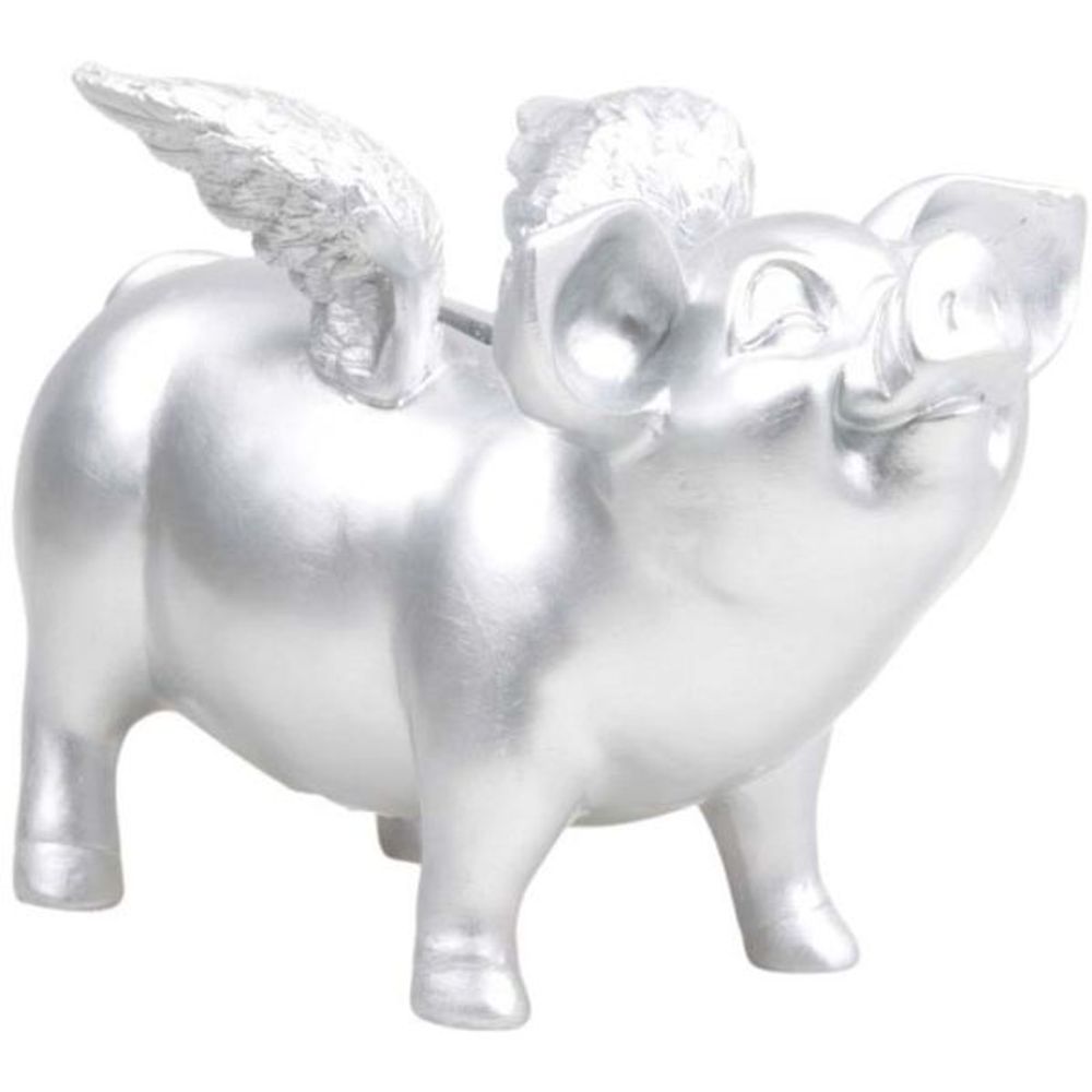 Tirelire cochon avec ailes en résine 14 x 25 x 15 cm argent