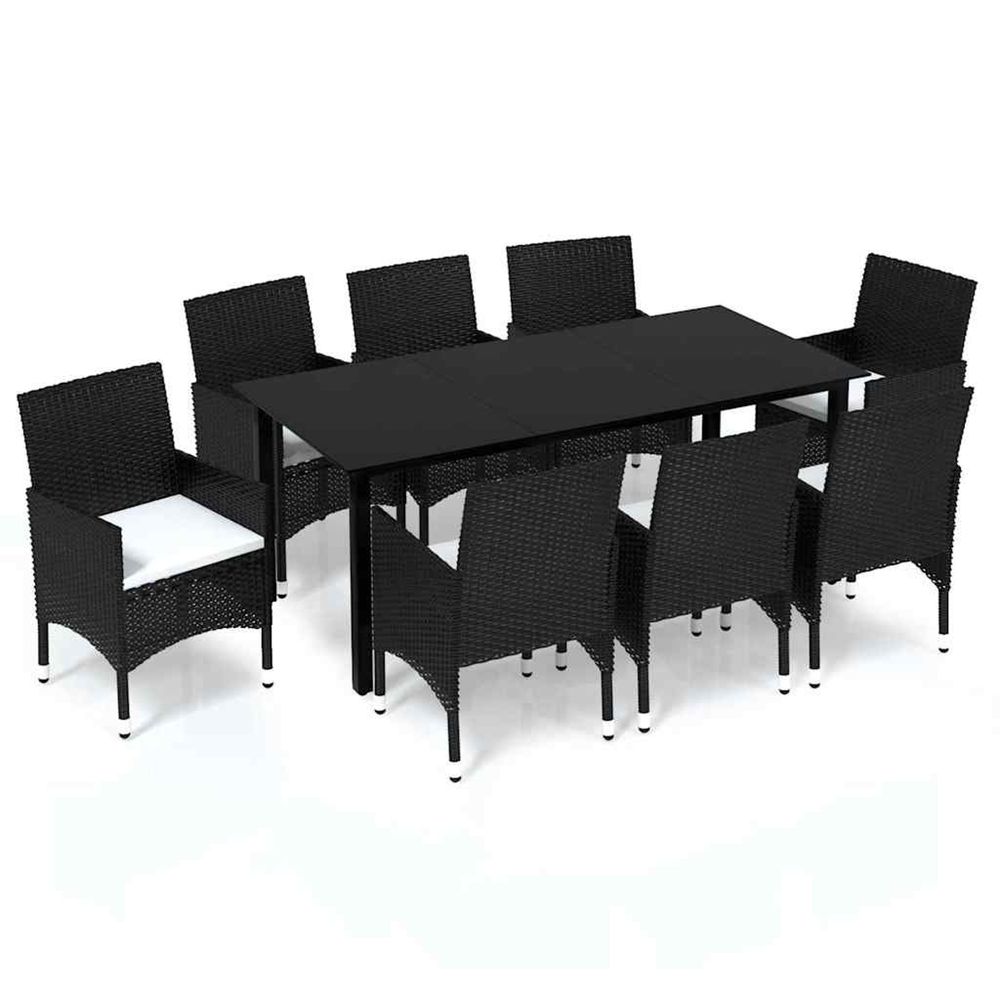 Ensemble à manger de jardin coussins 9pcs résine tressée noir