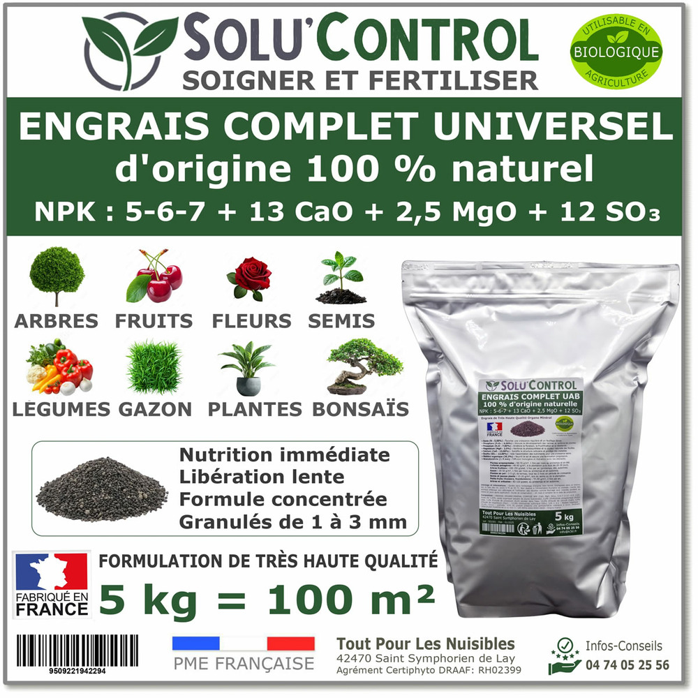 5 kg d'engrais complet universel et équilibré - solucontrol - uab - utilisable en agriculture biologique