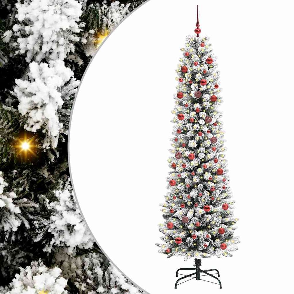 Sapin de noël artificiel 2.10m floqué, illuminé par 300 led blanc chaud, boules incluses