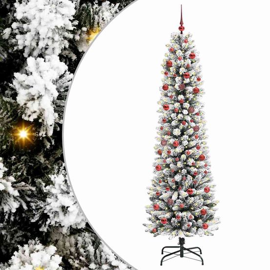 Sapin de noël artificiel 2.10m floqué, illuminé par 300 led blanc chaud, boules incluses