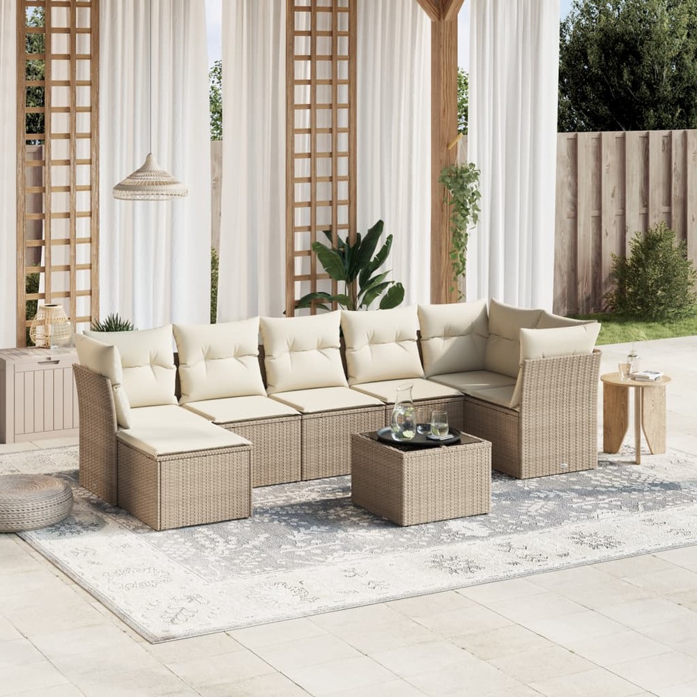 Salon de jardin avec coussins 8 pcs beige résine tressée