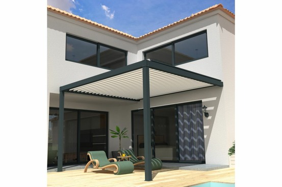 Pergola bioclimatique style mixte gris anthracite / blanc 3,00x3,940m motorisé à télécommande + led