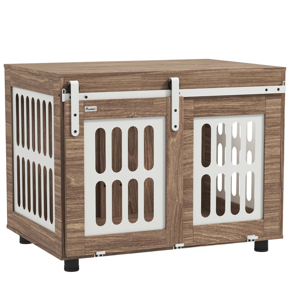 Meuble cage chien bois et acier taille moyenne porte coulissante 80x59x63cm noyer