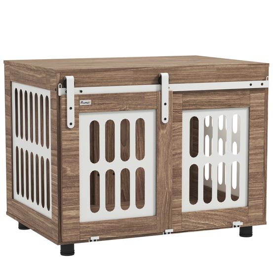 Meuble cage chien bois et acier taille moyenne porte coulissante 80x59x63cm noyer