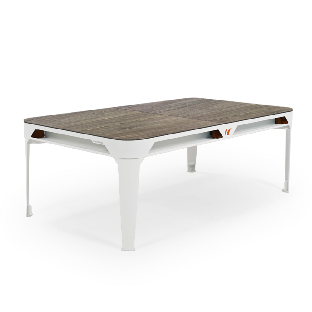 Billard d'extérieur convertible hyphen outdoor blanc / tapis gris foncé / réceptacles : terra cotta / plateaux : décor bois