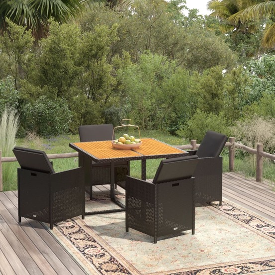 Ensemble à dîner de jardin avec coussins 5 pcs poly rotin noir