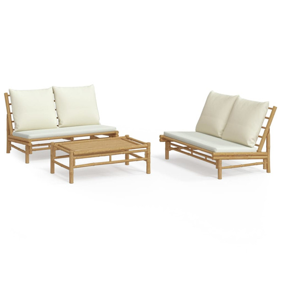 Salon de jardin 3 pcs avec coussins blanc crème bambou