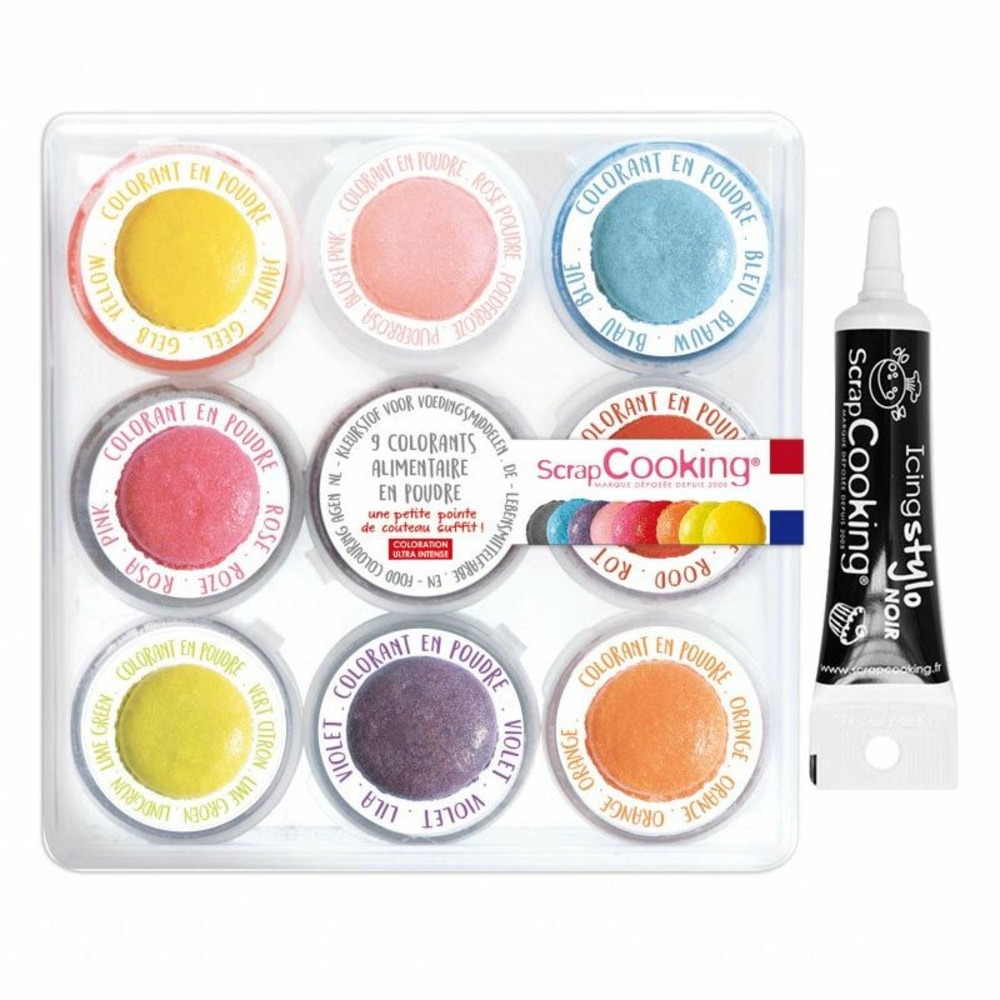 9 mini colorants alimentaires en poudre + stylo de glaçage noir