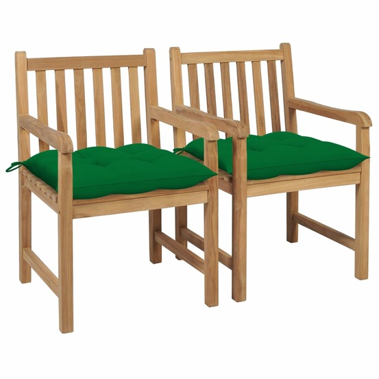 Chaises de jardin lot de 2 et coussins vert bois de teck massif