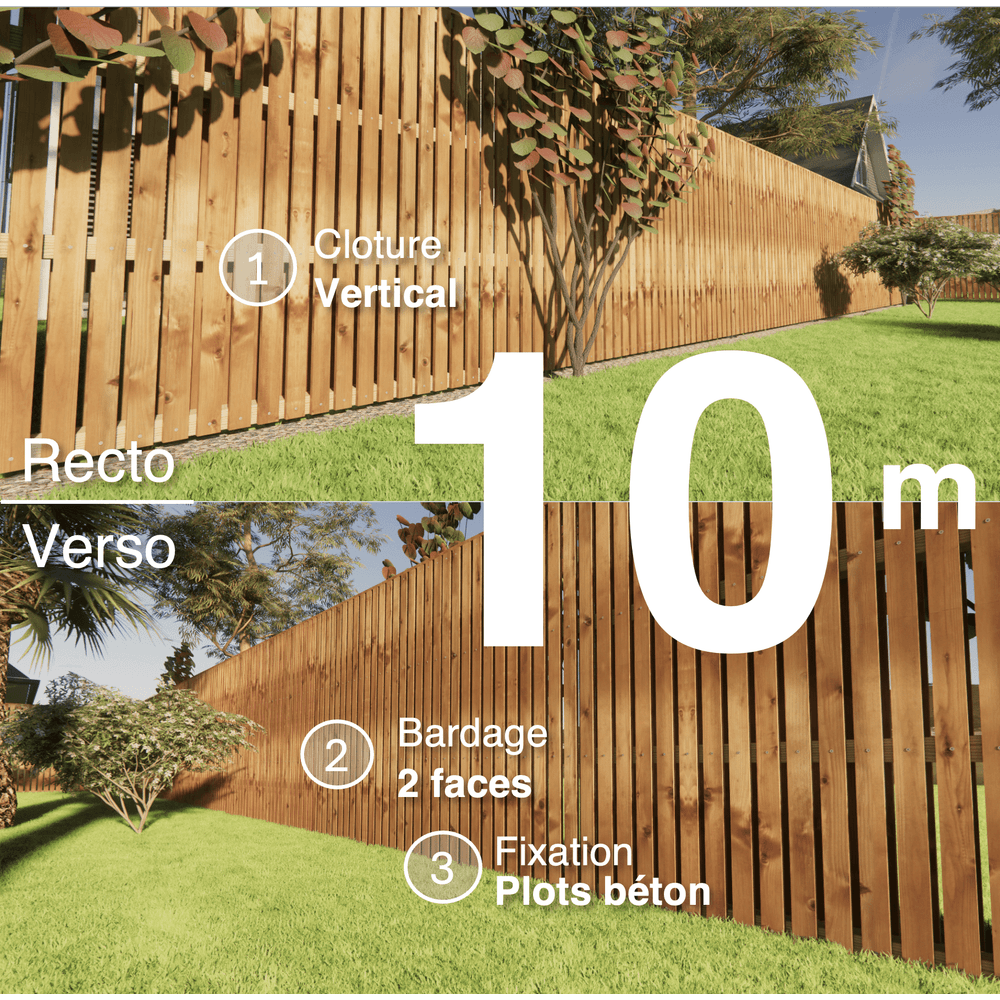 Kit clôture bois moderne 10m – h 1,9m – 20 x 70 mm autoclave marron – pose vertical – double face – à sceller